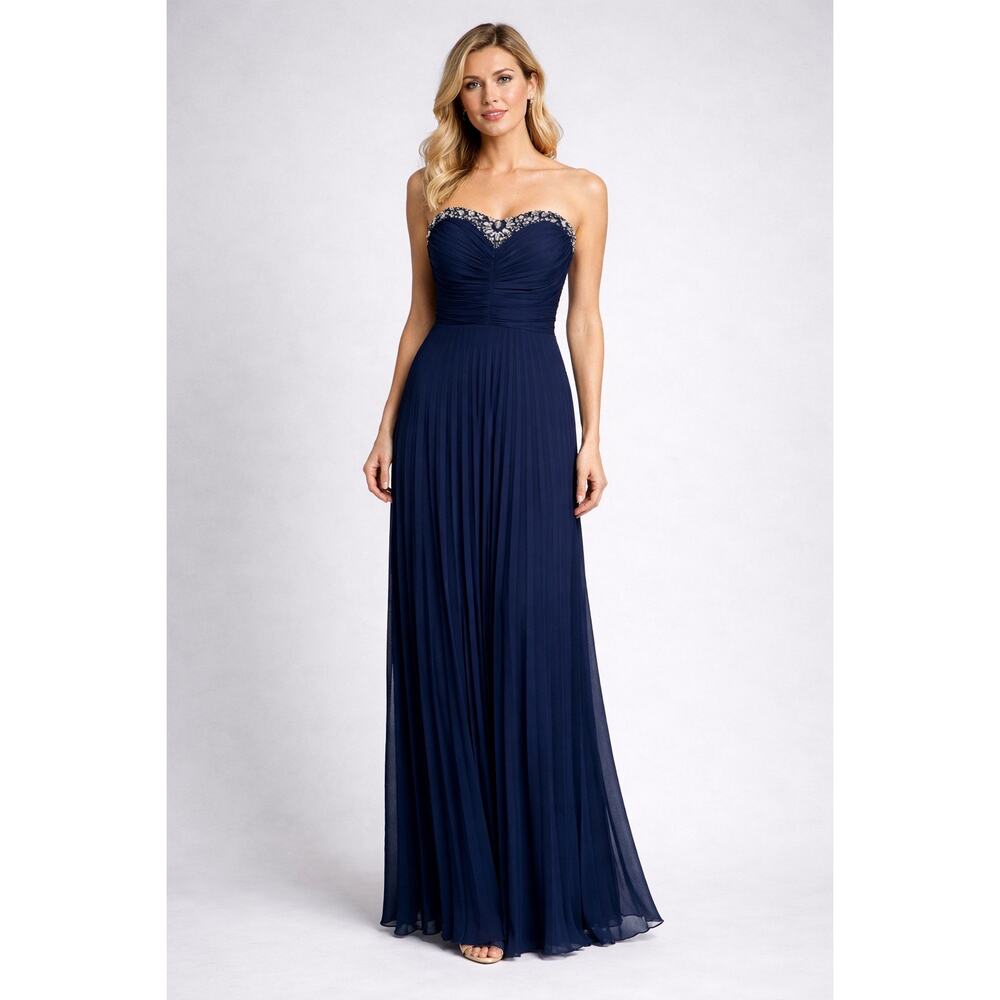 B Darlin navy women’s strapless pleated skirt maxi dress with jeweled top. 3/4
